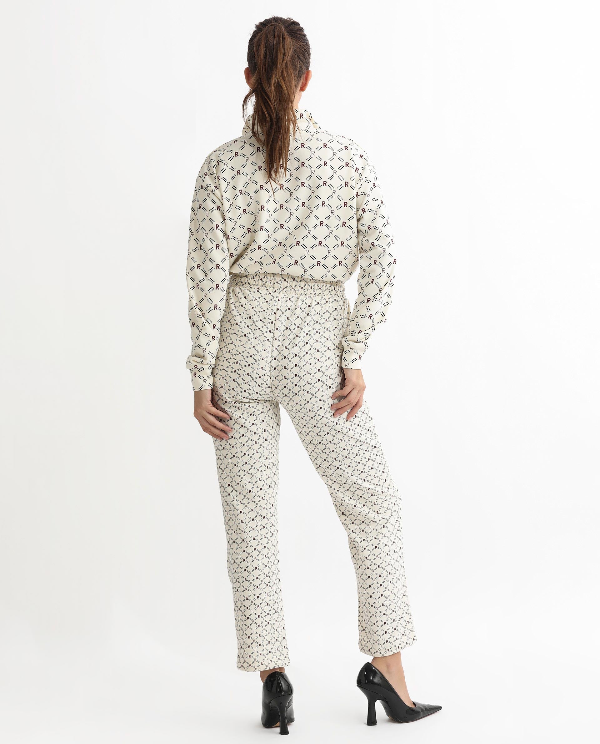 Rareism Women's Fronk Beige Polyester Blend Monogram Print Ankle Length Tailored Track Pant