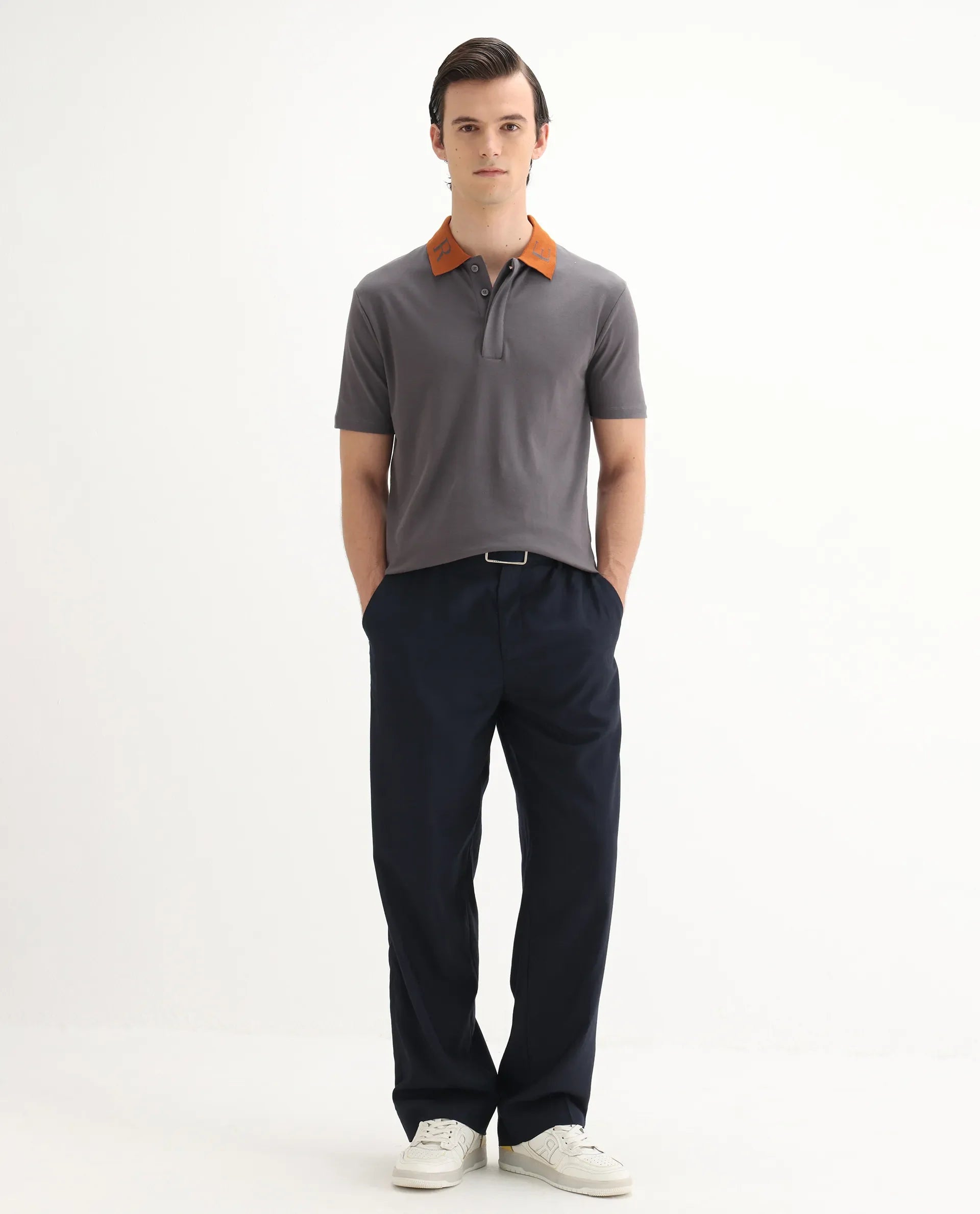 Rare Rabbit Men's Frow Grey Cotton Plain Regular Fit Half Sleeve Polo