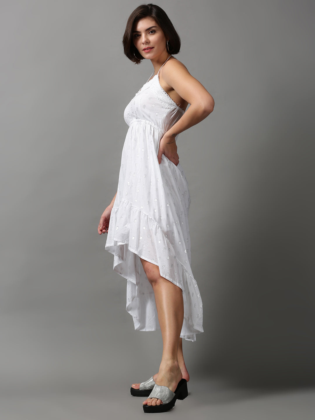 Women's White Self Design Halter Neck High-Low Dress