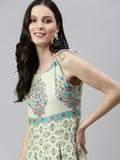 Women's Green Floral Printed Pleated Fit and Flare Kurta