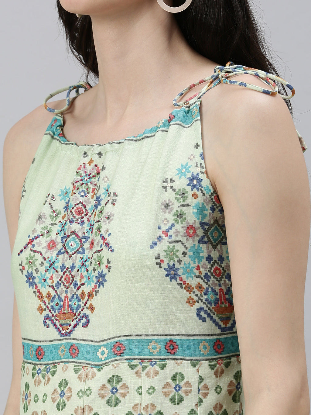 Women's Green Floral Printed Pleated Fit and Flare Kurta
