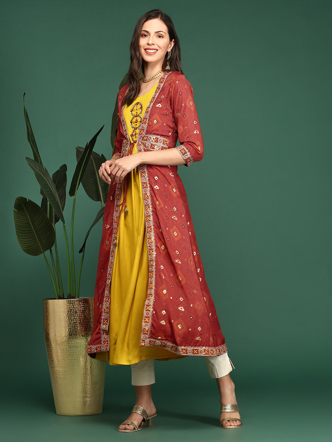 Women's Green Round Neck Sleeveless Ankle Length Empire Anarkali Kurta