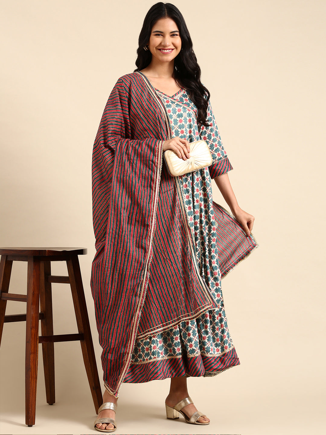 Women's Teal Floral Striped Flared Sleeves Floral Chanderi Silk Anarkali Kurta