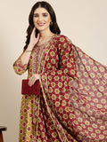 Women's Khaki Floral Printed Indie Prints Anarkali Kurta