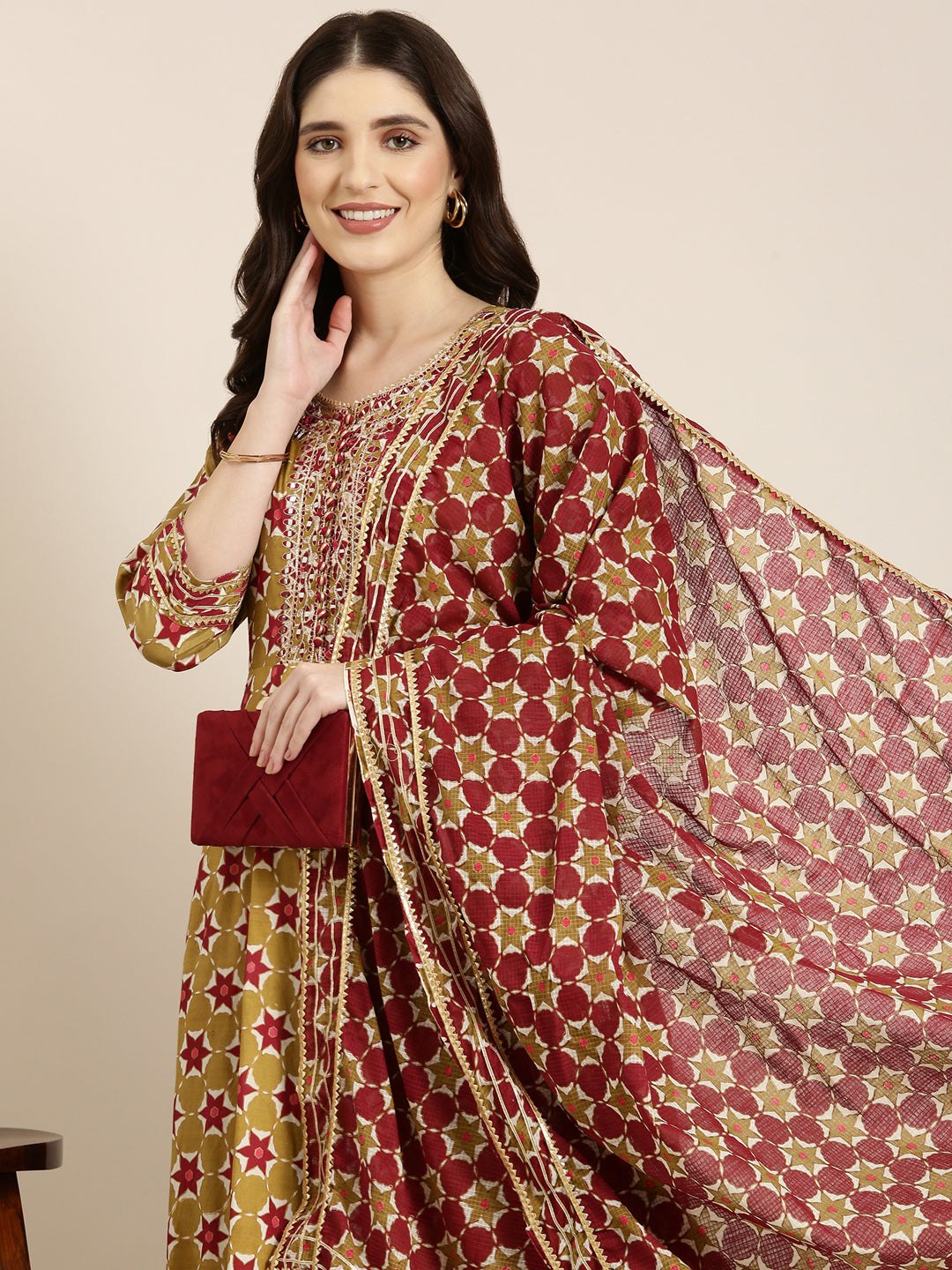 Women's Khaki Floral Printed Indie Prints Anarkali Kurta