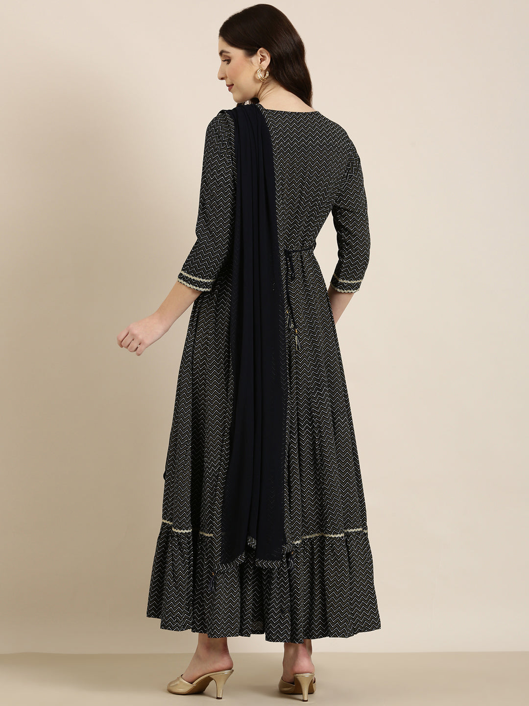 Women's Navy Blue Chevron Printed Sequinned Anarkali Kurta With Dupatta