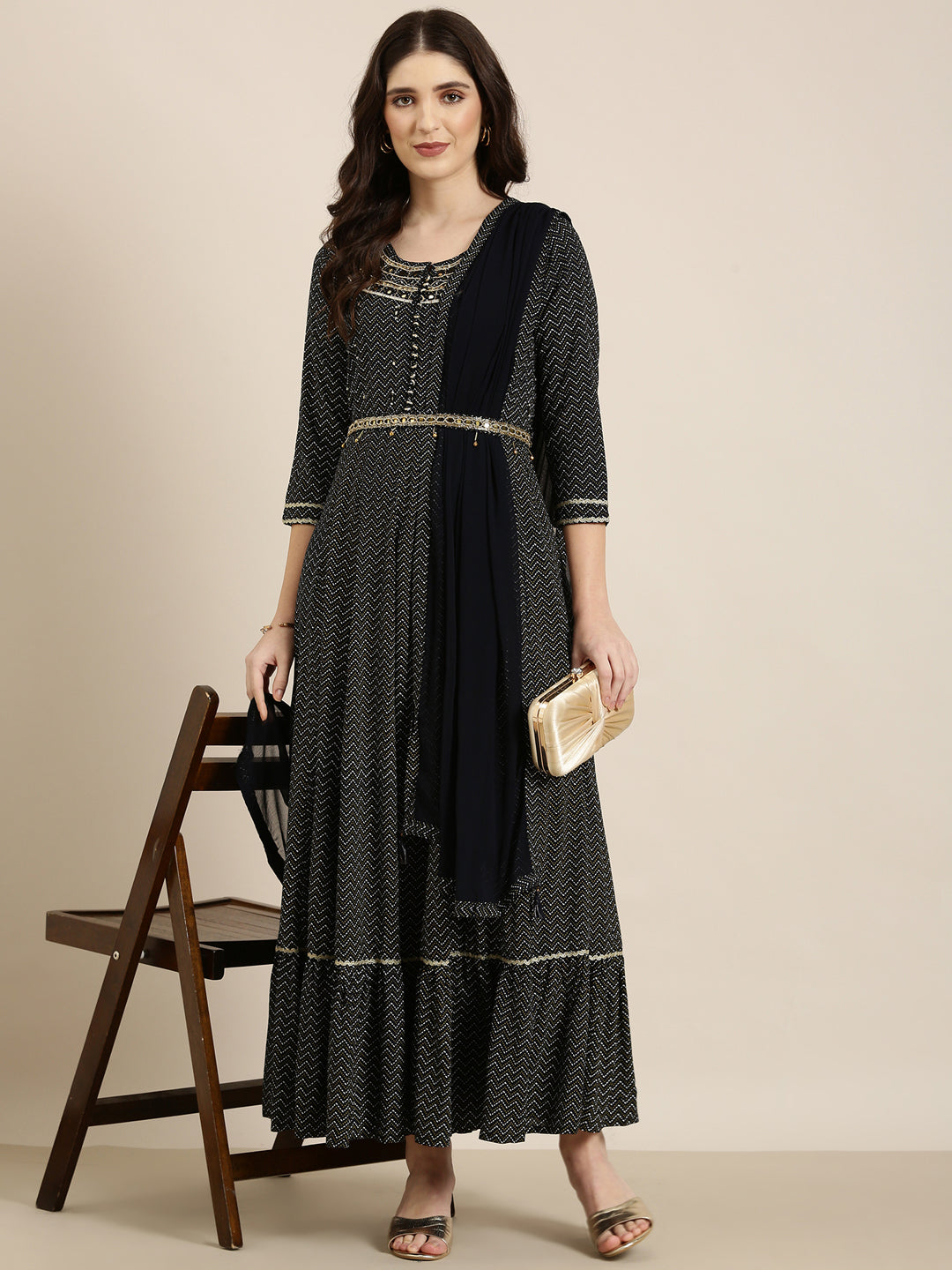 Women's Navy Blue Chevron Printed Sequinned Anarkali Kurta With Dupatta
