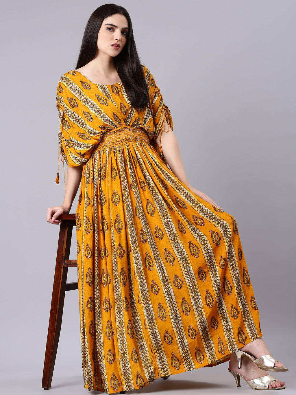 Women's Mustard Ethnic Motifs Printed Kimono Sleeves Fit & Flare Dress