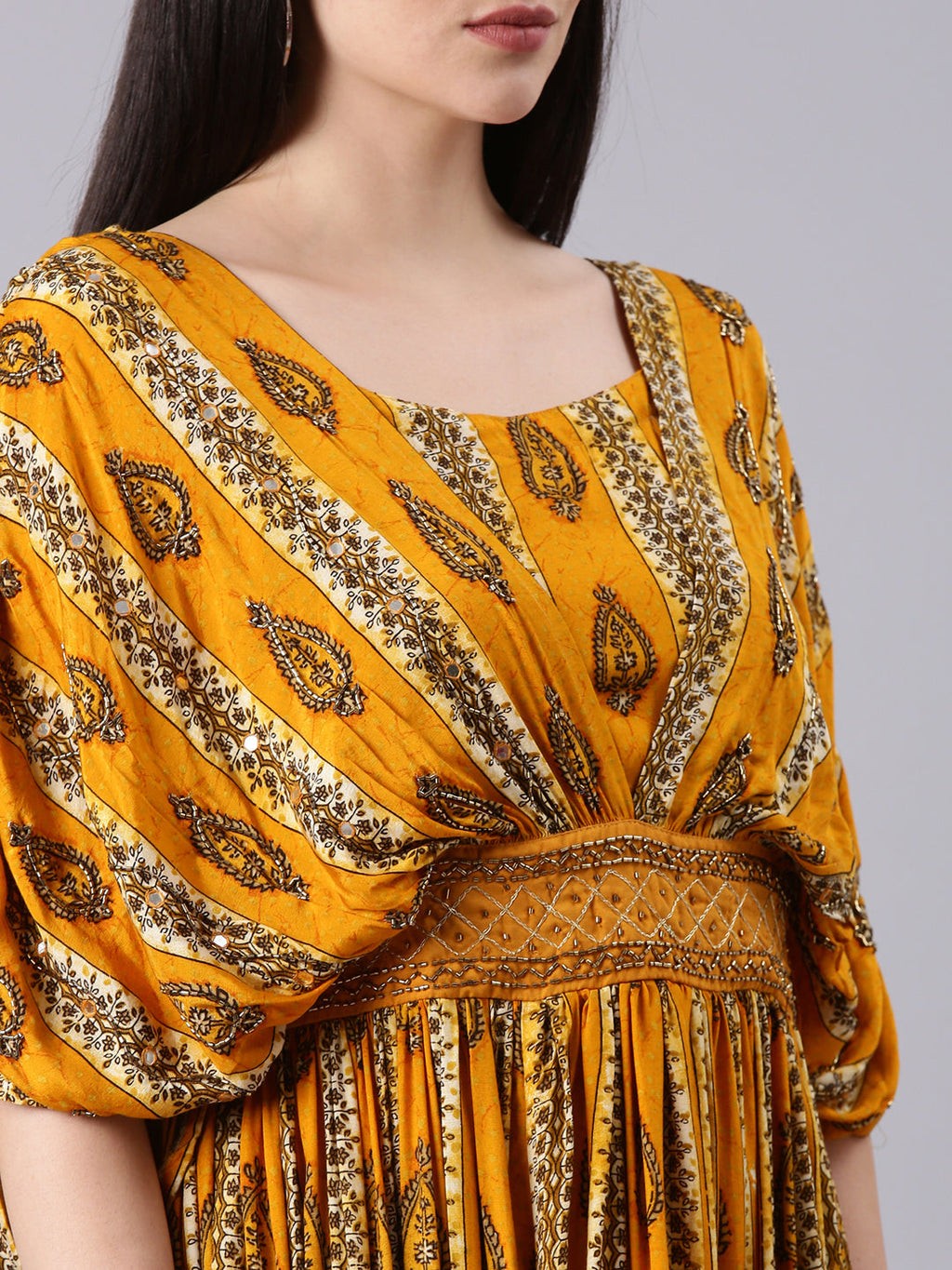 Women's Mustard Ethnic Motifs Printed Kimono Sleeves Fit & Flare Dress