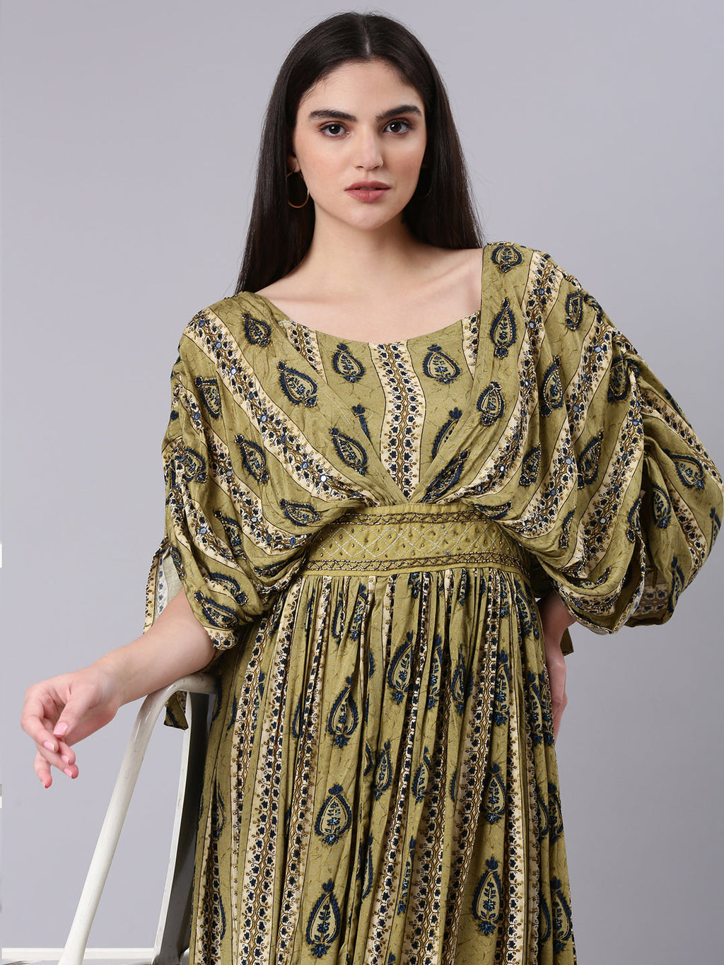 Women's Olive Ethnic Motifs Print Kimono Sleeve Fit & Flare Dress