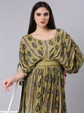 Women's Olive Ethnic Motifs Print Kimono Sleeve Fit & Flare Dress