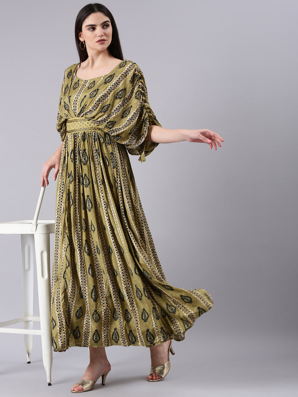 Women's Olive Ethnic Motifs Print Kimono Sleeve Fit & Flare Dress
