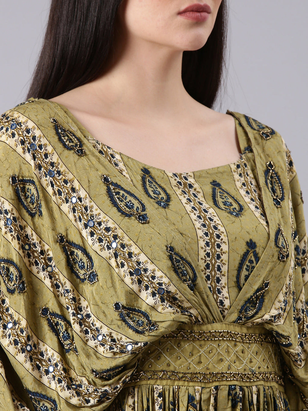 Women's Olive Ethnic Motifs Print Kimono Sleeve Fit & Flare Dress