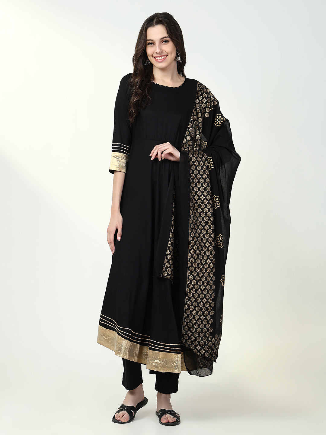 Women's Anarkali Solid Black Kurta Sets with Dupatta