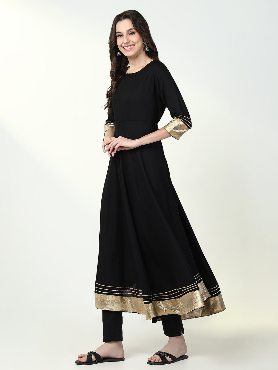 Women's Anarkali Solid Black Kurta Sets with Dupatta