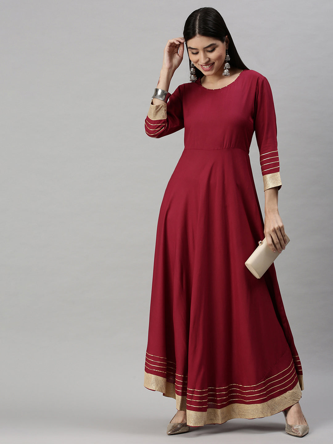 Women's Maroon Round Neck Gotta Patti Three-Quarter Sleeves Anarkali Kurta