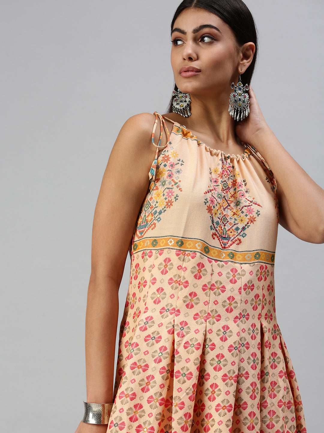 Women's Peach Floral Printed Keyhole Neck Anarkali Kurta