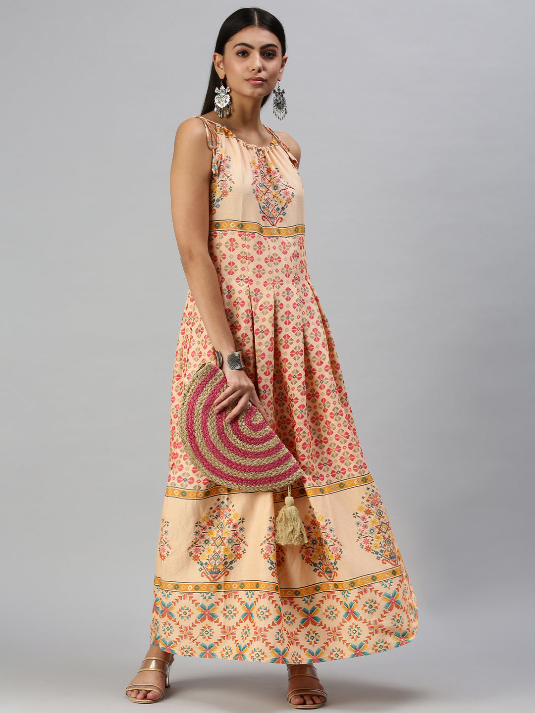 Women's Peach Floral Printed Keyhole Neck Anarkali Kurta