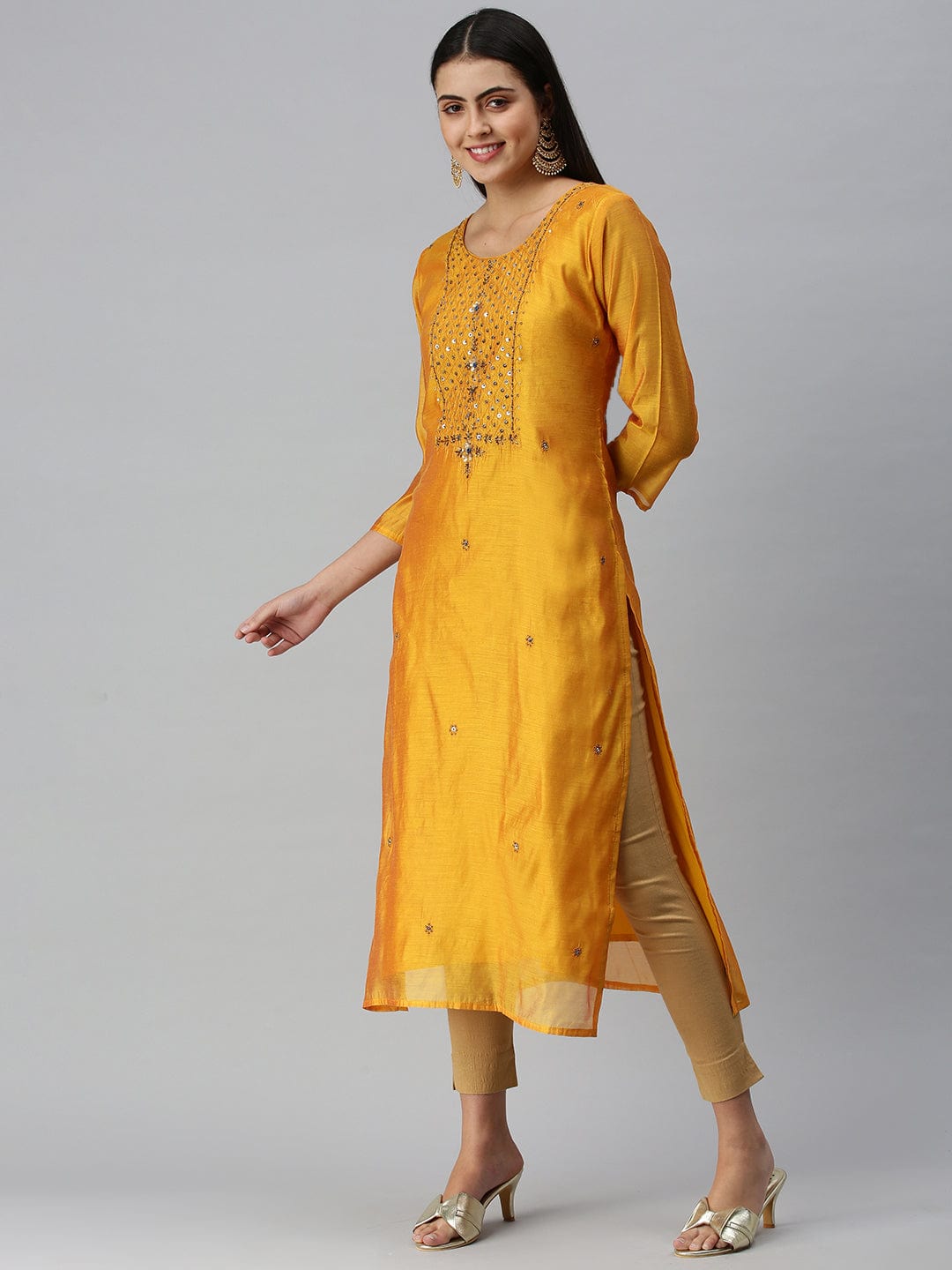 Women's Embroidered Mustard Straight Kurta