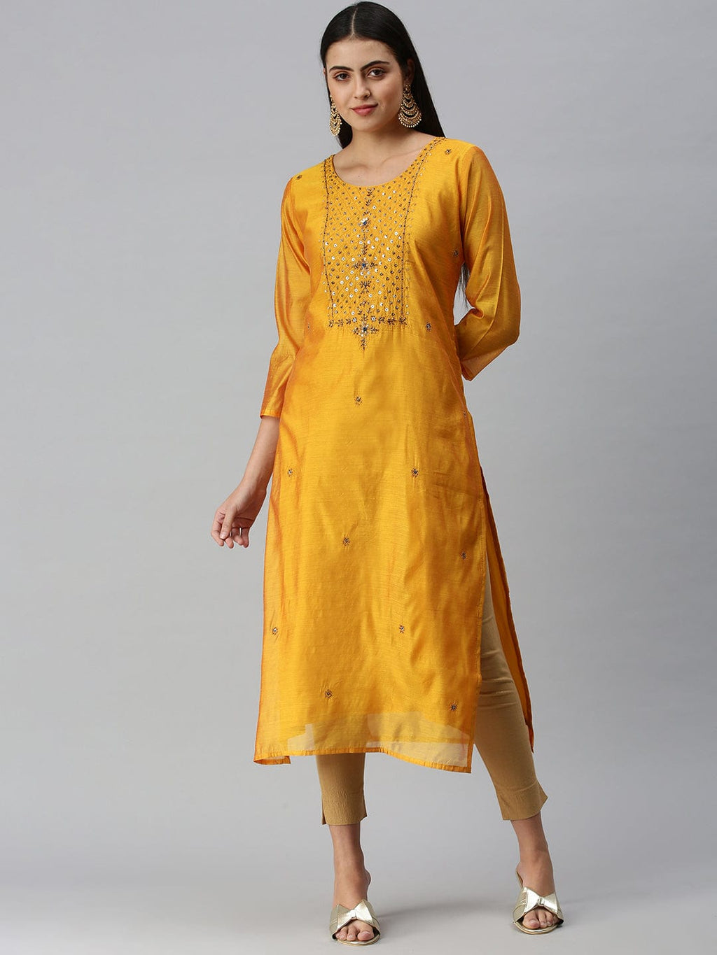 Women's Embroidered Mustard Straight Kurta