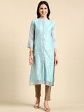 Women's Mandarin Collar Printed Blue Straight Kurta