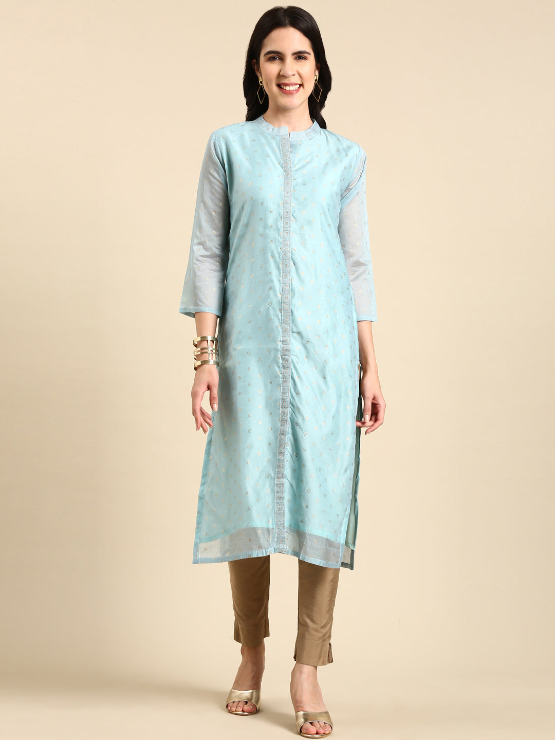 Women's Mandarin Collar Printed Blue Straight Kurta