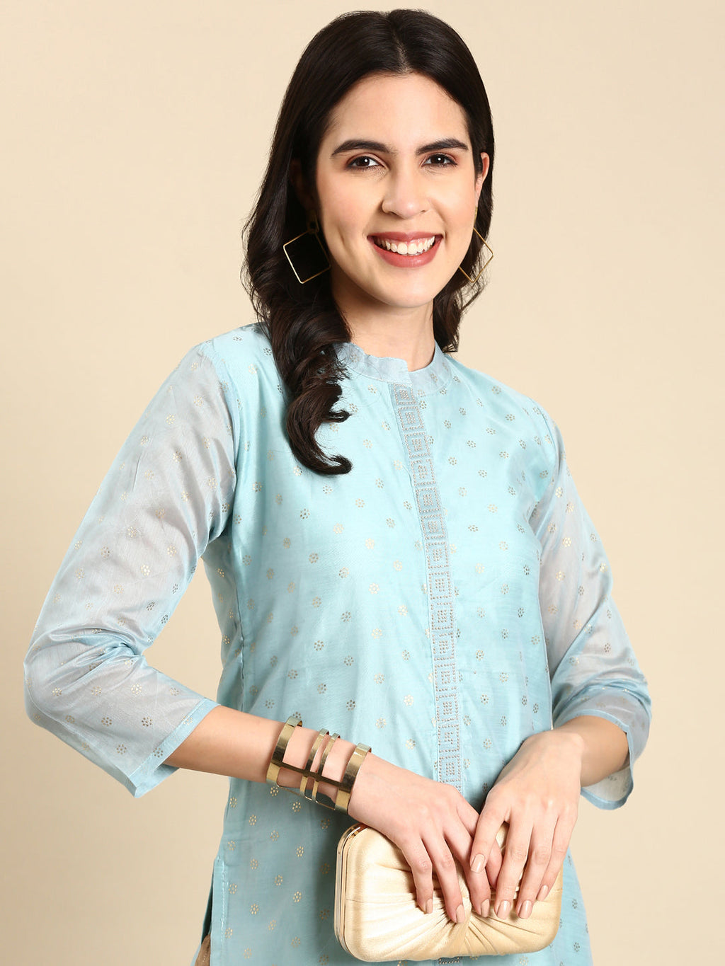 Women's Mandarin Collar Printed Blue Straight Kurta