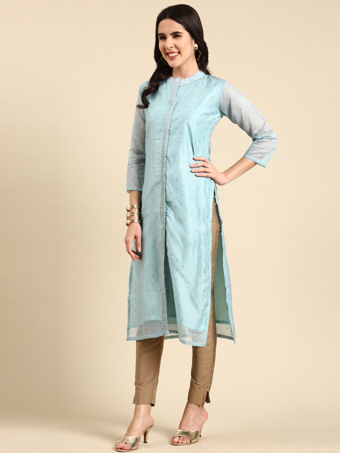 Women's Mandarin Collar Printed Blue Straight Kurta