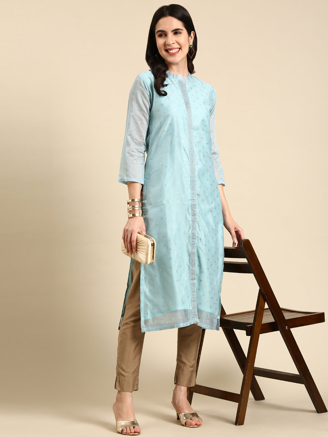 Women's Mandarin Collar Printed Blue Straight Kurta