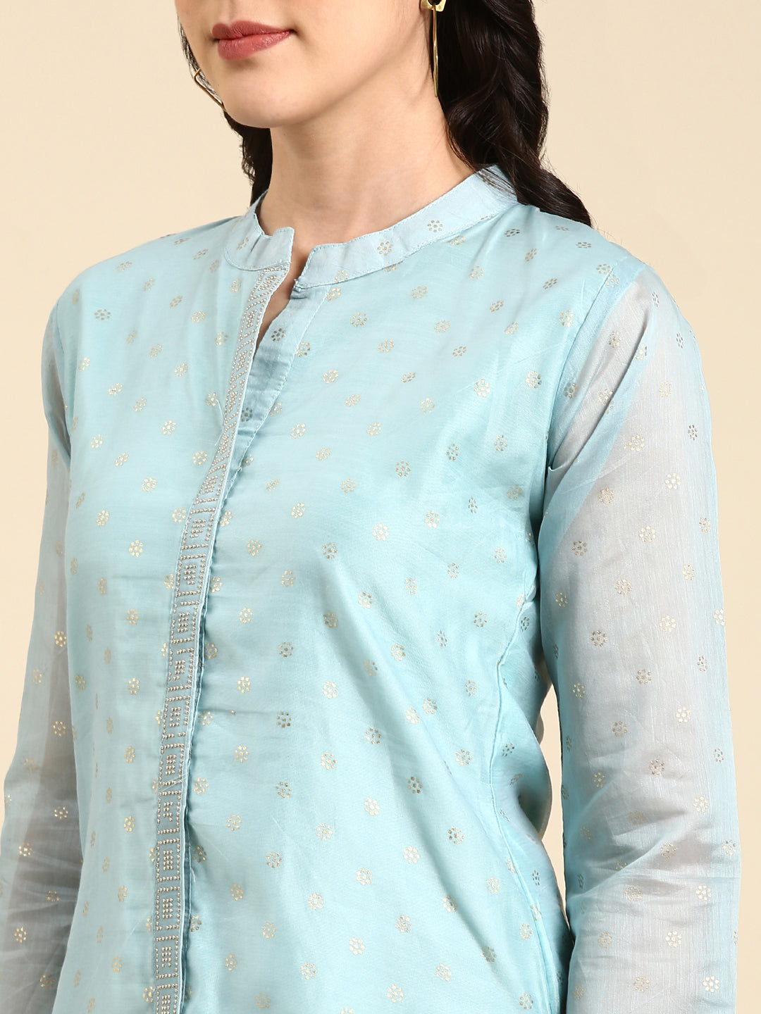 Women's Mandarin Collar Printed Blue Straight Kurta