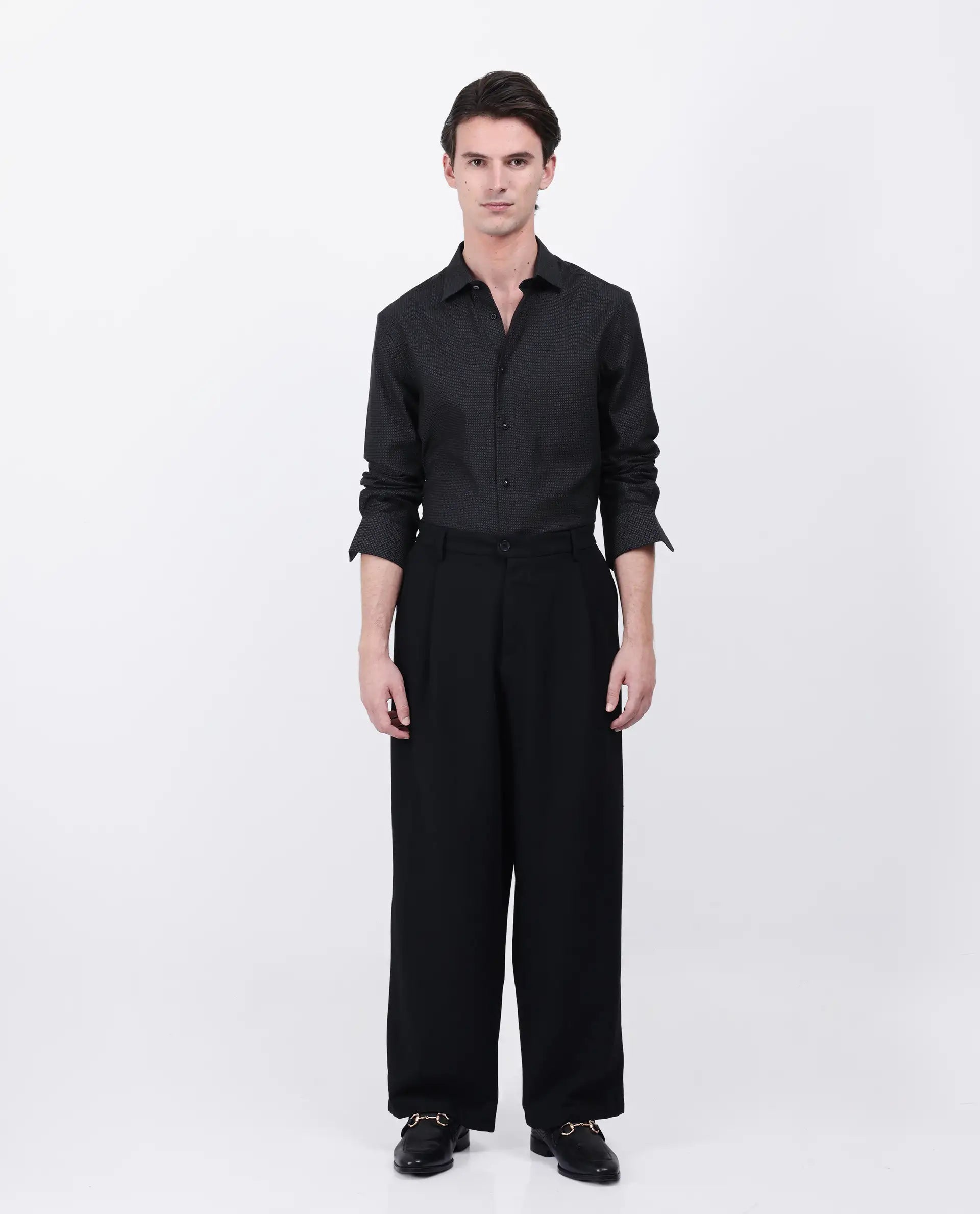 Rare Rabbit Men's Gilk Black Viscose Blend Polka Print Regular Fit Full Sleeve Collared Shirt