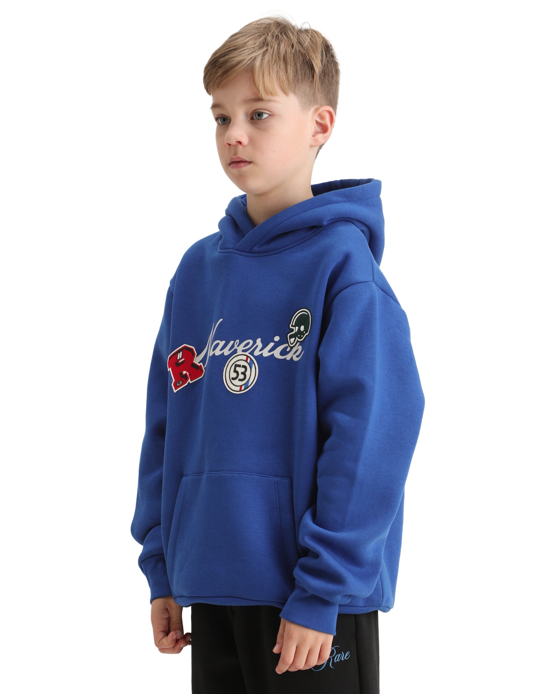 Rare Ones Kids Gino Dark Blue Cotton Blend Hooded Typography Oversized Sweatshirt