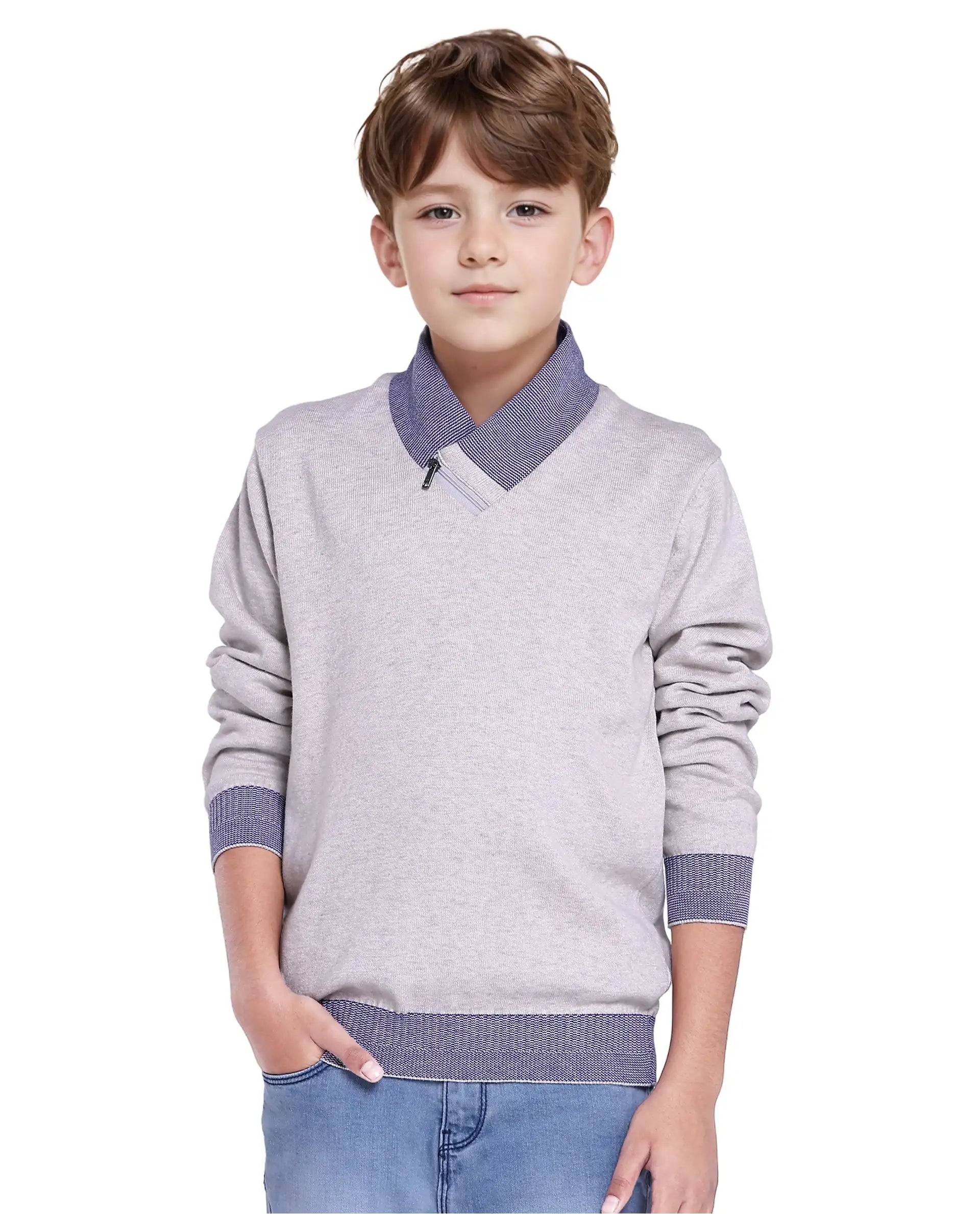 Rare Ones Kids Denv Melange Grey Full Sleeve Casual Zipper Regular Sweater