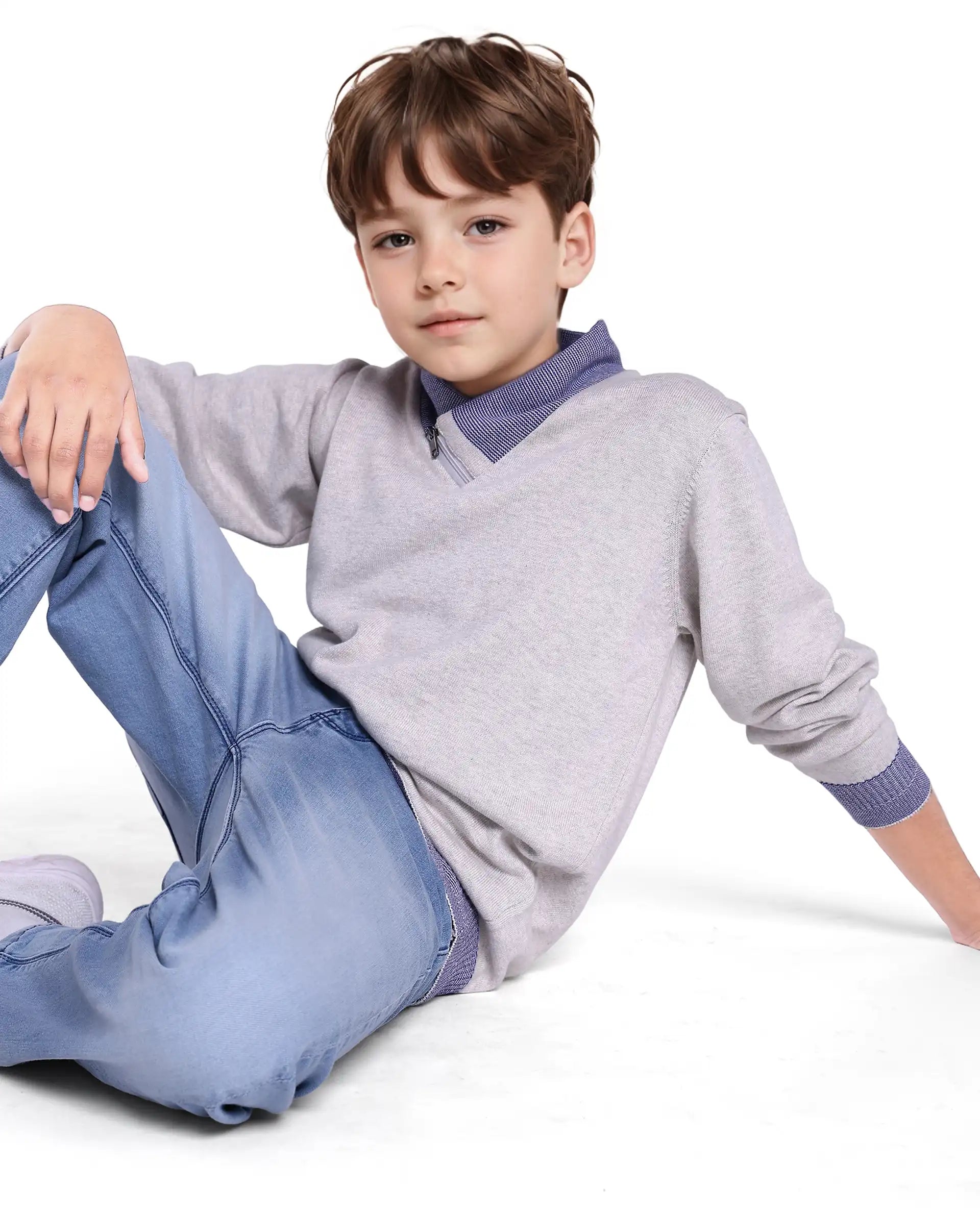 Rare Ones Kids Denv Melange Grey Full Sleeve Casual Zipper Regular Sweater
