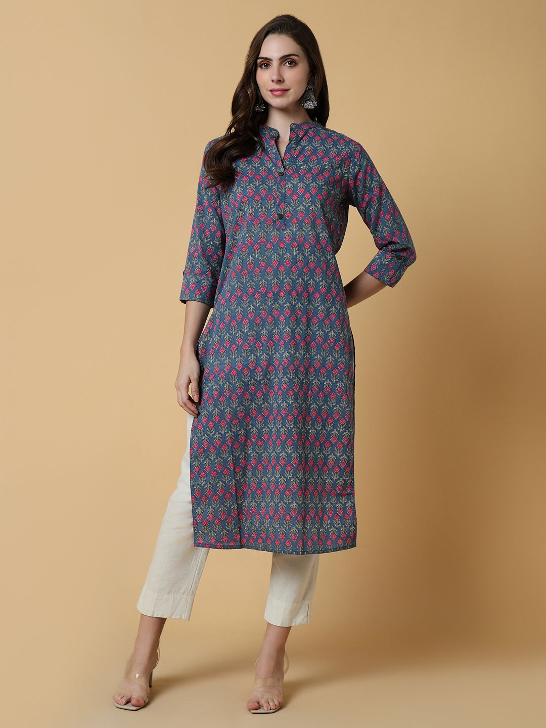 Women's Floral Blue Straight Kurta