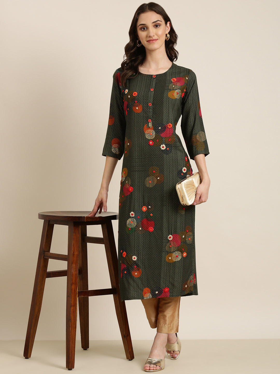 Women's Green Geometric Printed Thread Wok Straight Kurta