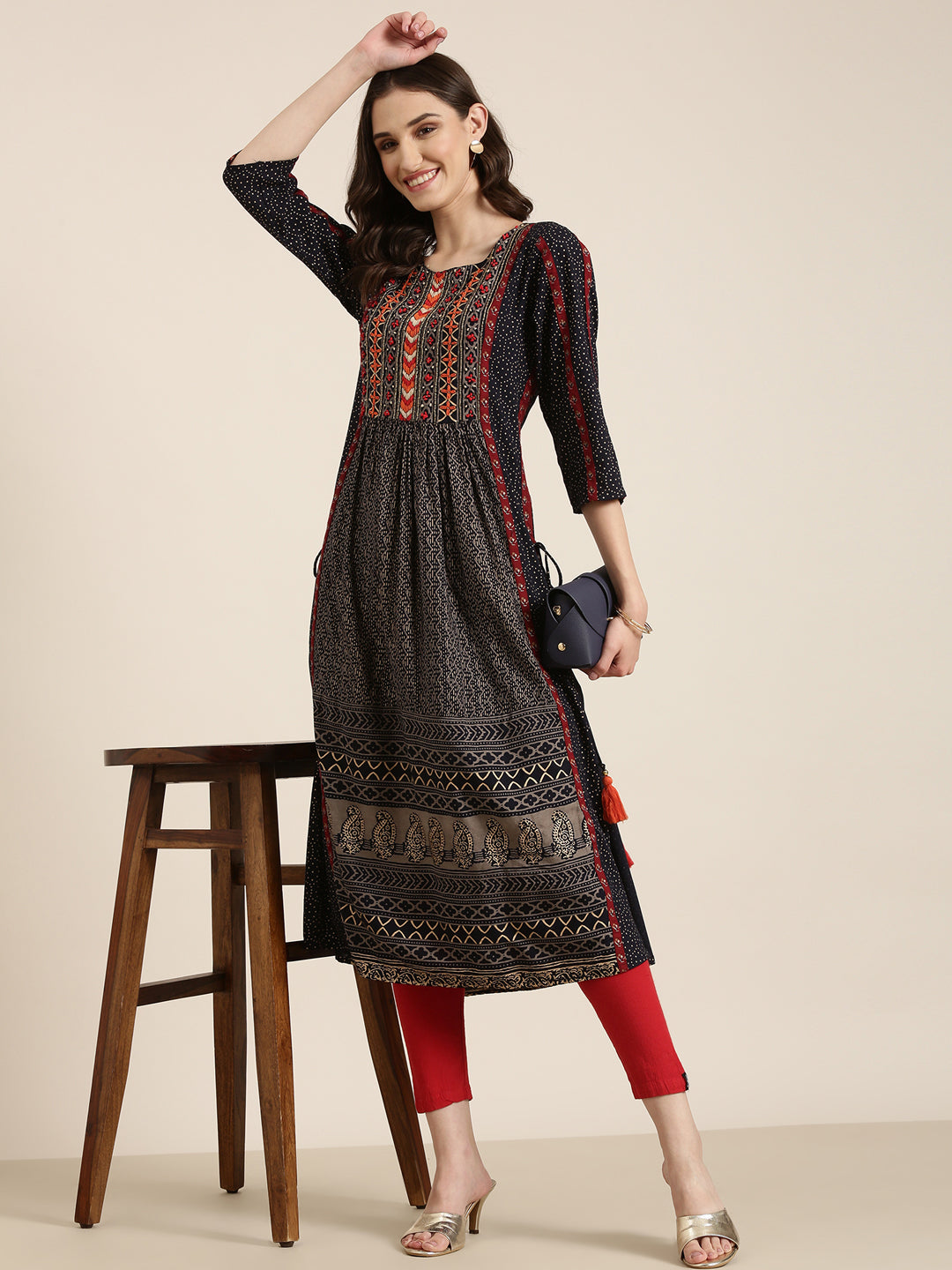 Women's Navy Blue Geometrical Printed A-line Kurta