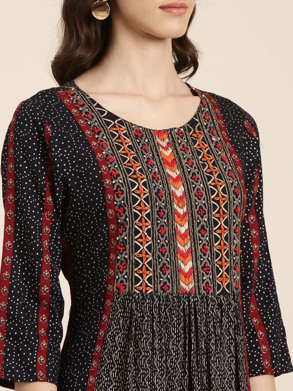 Women's Navy Blue Geometrical Printed A-line Kurta