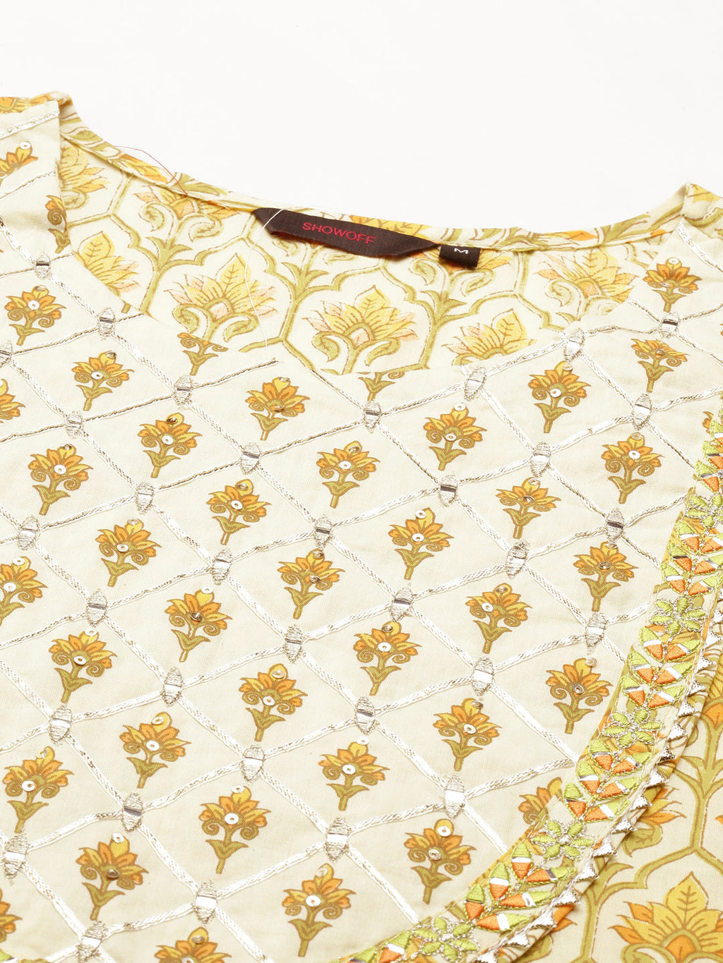 Women's Cream Printed Mirror Work Floral Anarkali Kurta