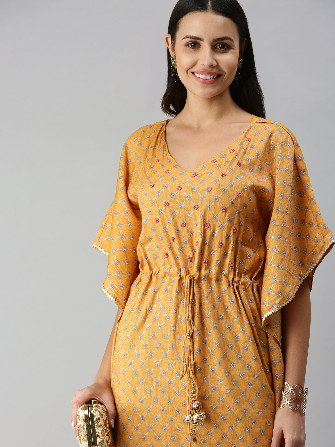Women's Mustard Multi Floral Kaftan Kurta