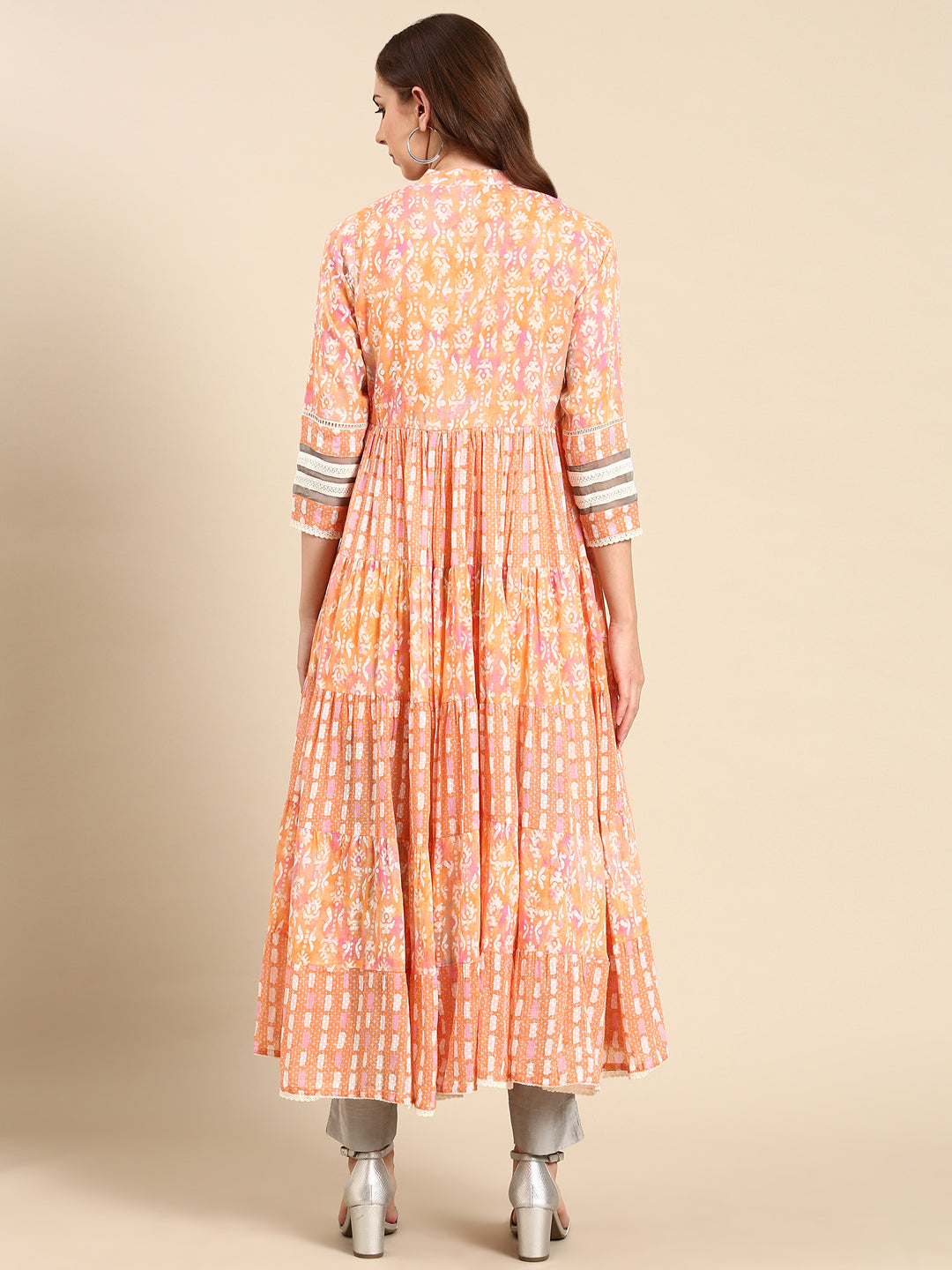 Women's Peach Thread Work Tiering Anarkali Kurta