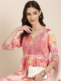 Women's Peach Floral Printed Thread Work Pleated Anarkali Kurta