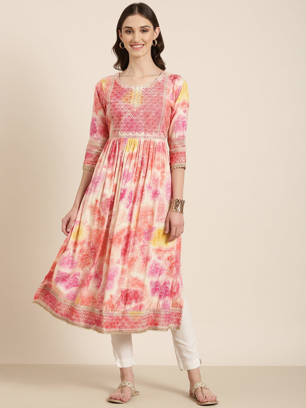 Women's Peach Floral Printed Thread Work Pleated Anarkali Kurta