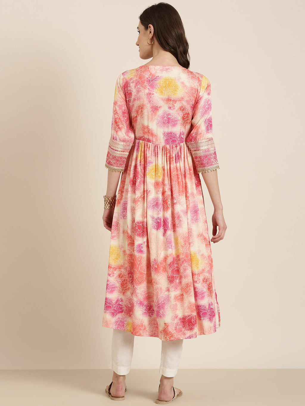 Women's Peach Floral Printed Thread Work Pleated Anarkali Kurta
