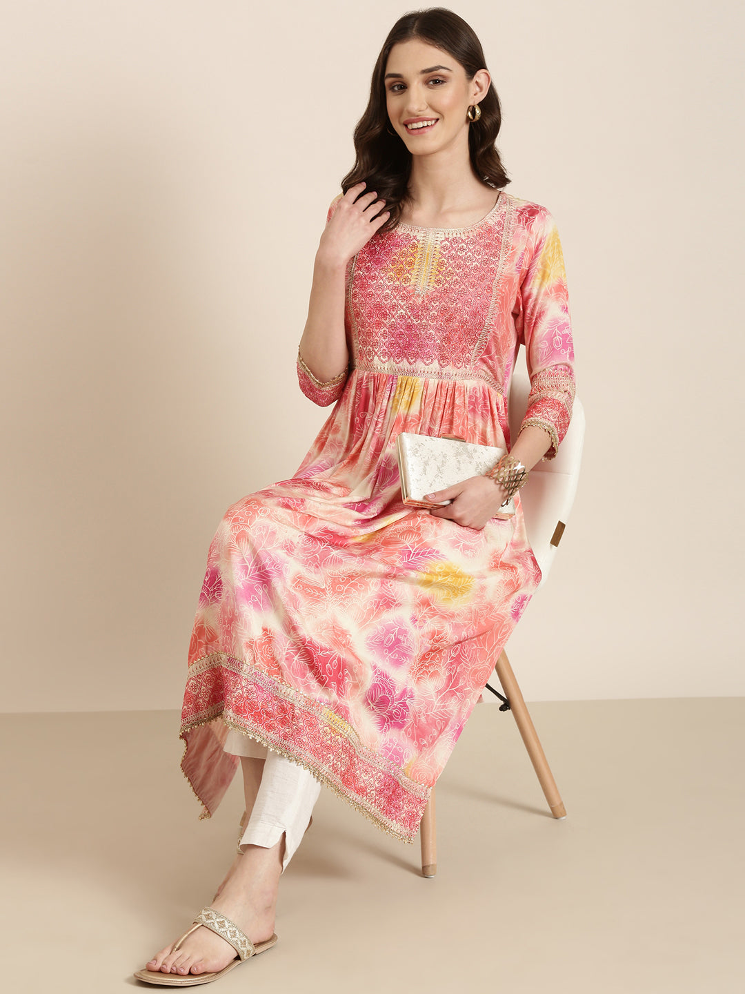 Women's Peach Floral Printed Thread Work Pleated Anarkali Kurta