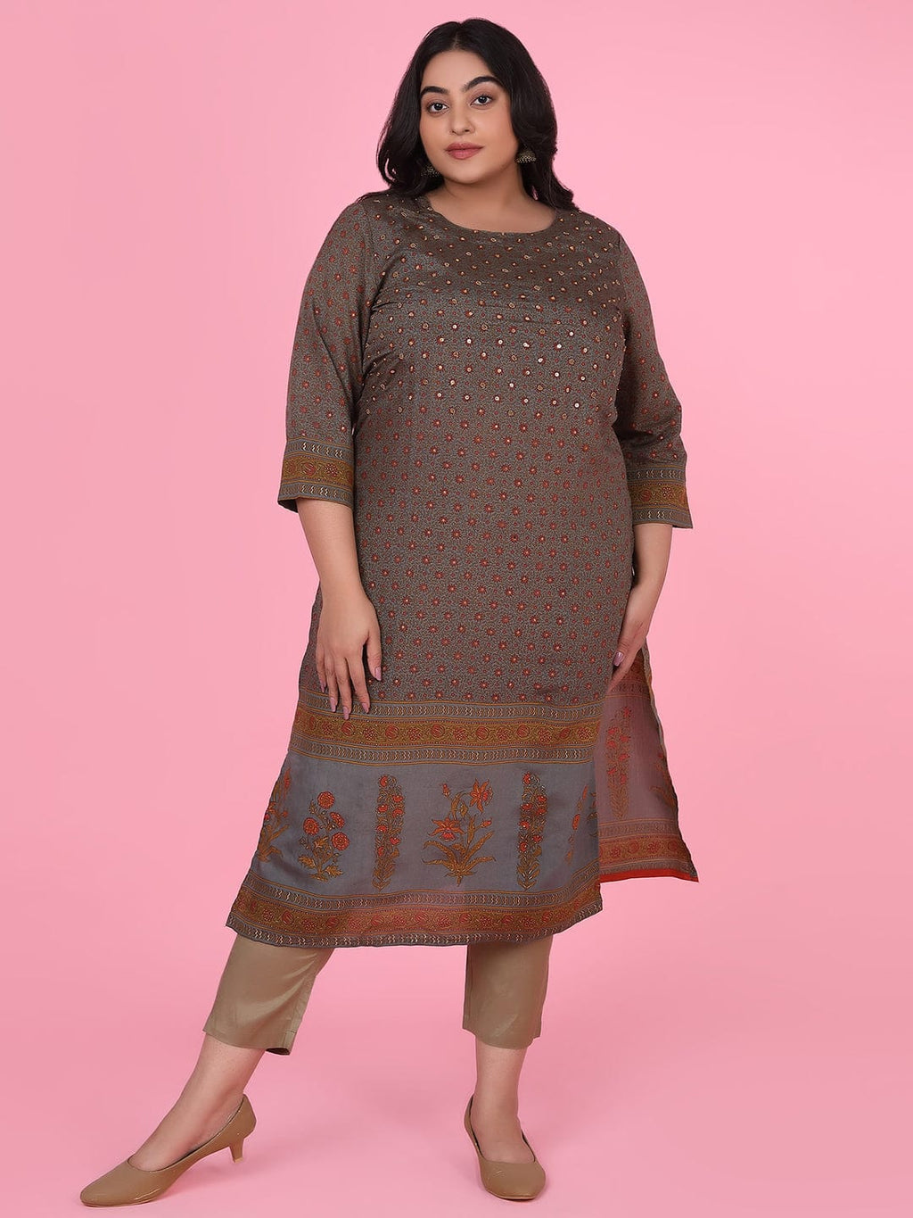 Women's Olive Floral Straight Kurta