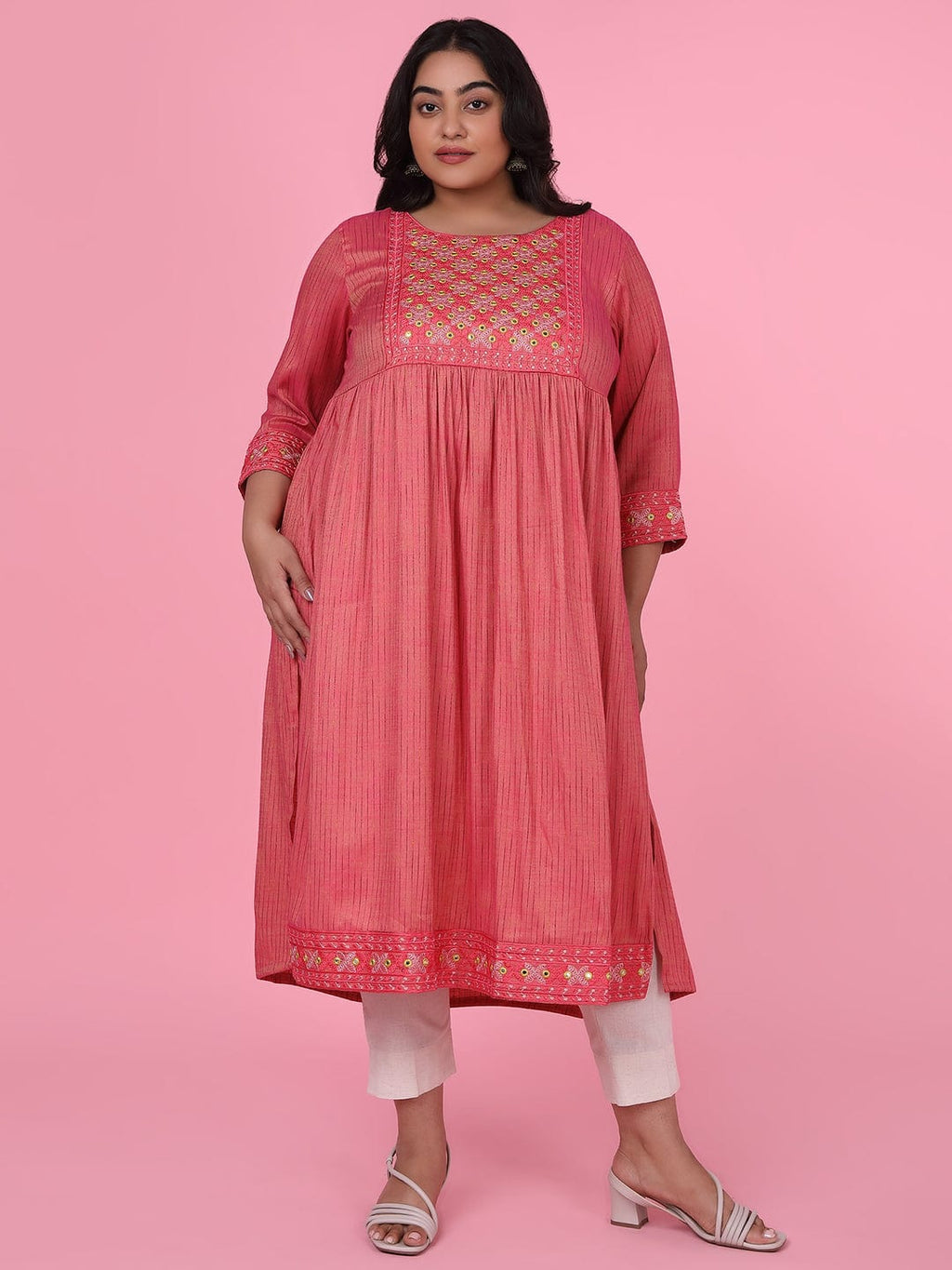 Women's Pink Woven Design A Line Kurta