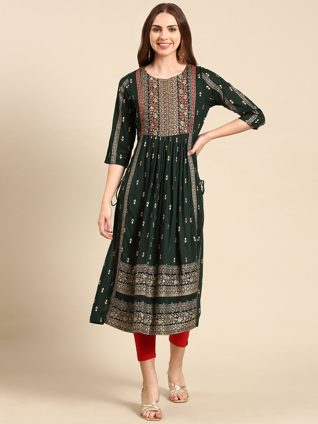Women's Green Anarkali Cotton Kurta