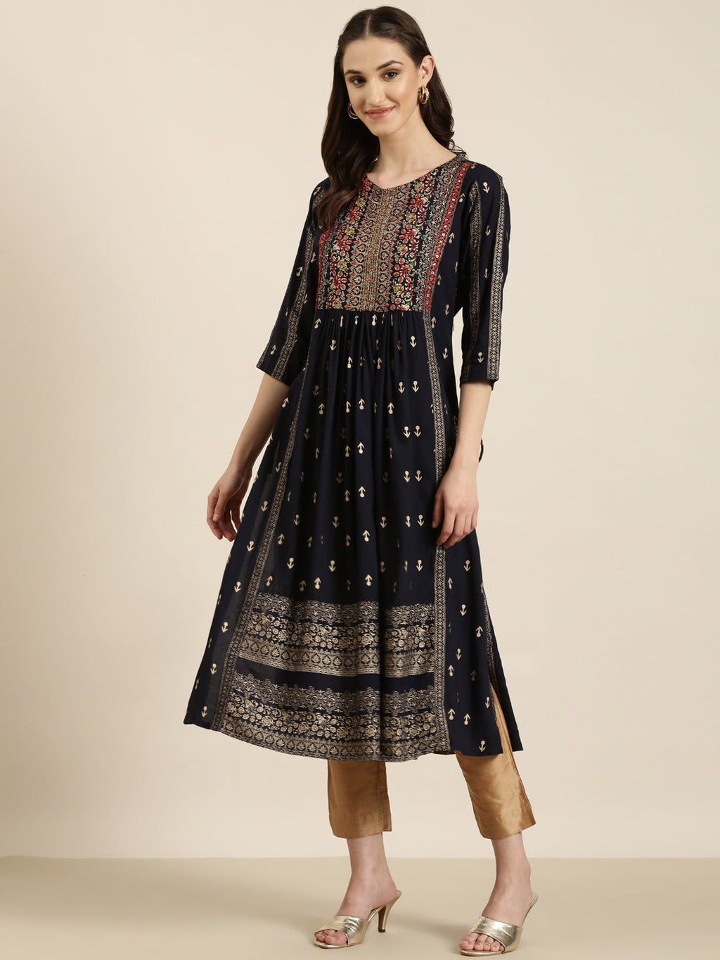 Women's Navy Blue Ethnic Motifs Printed Thread Work A-Line Kurta