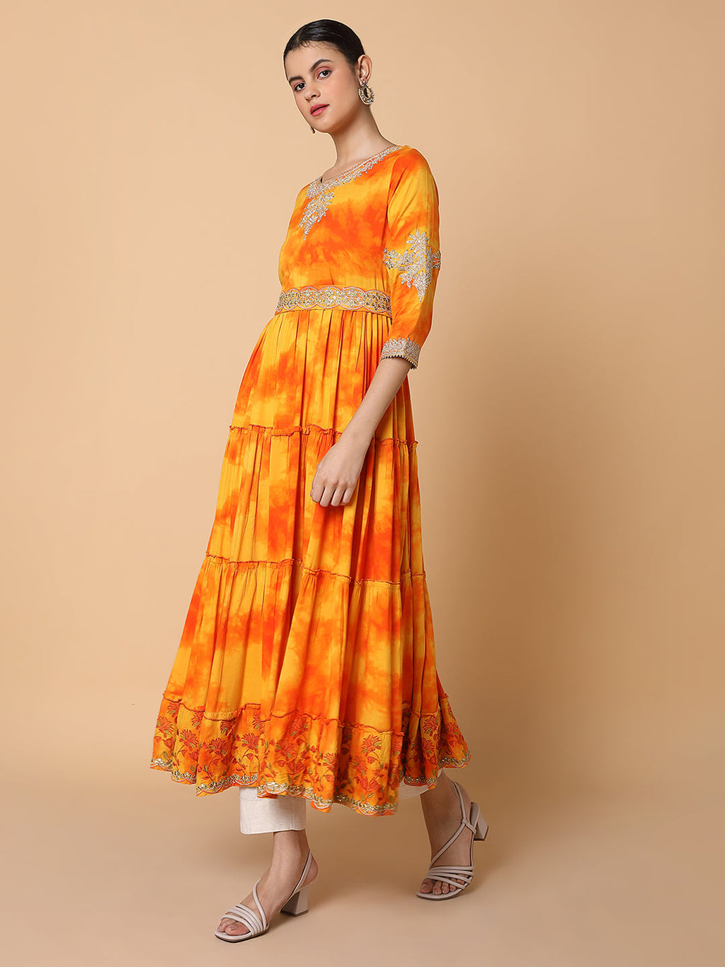 Women's Solid Orange Anarkali Kurta with Belt